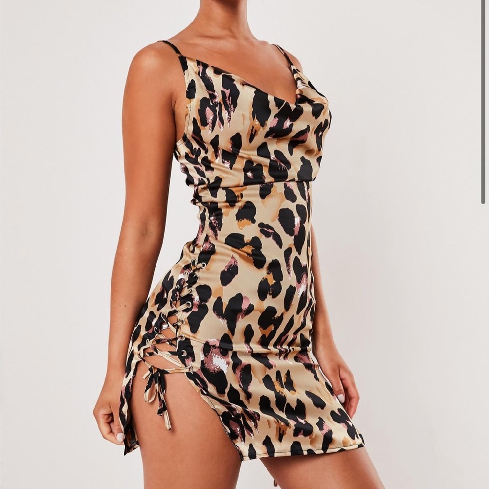 Leopard print satin mini cowl dress